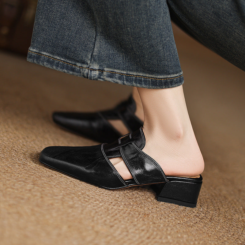 Retro Apricot Closed Toe Half Slippers Genuine Leather