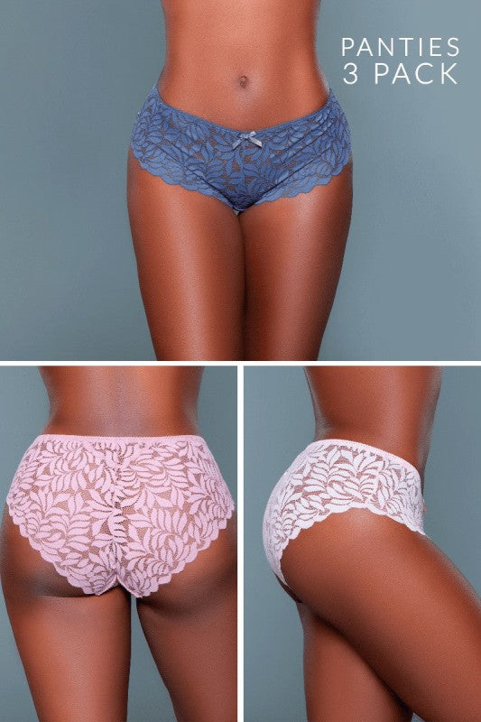 Leaf Pattern Lace Mid-Rise Hipster Panties 3 Pack Livvy