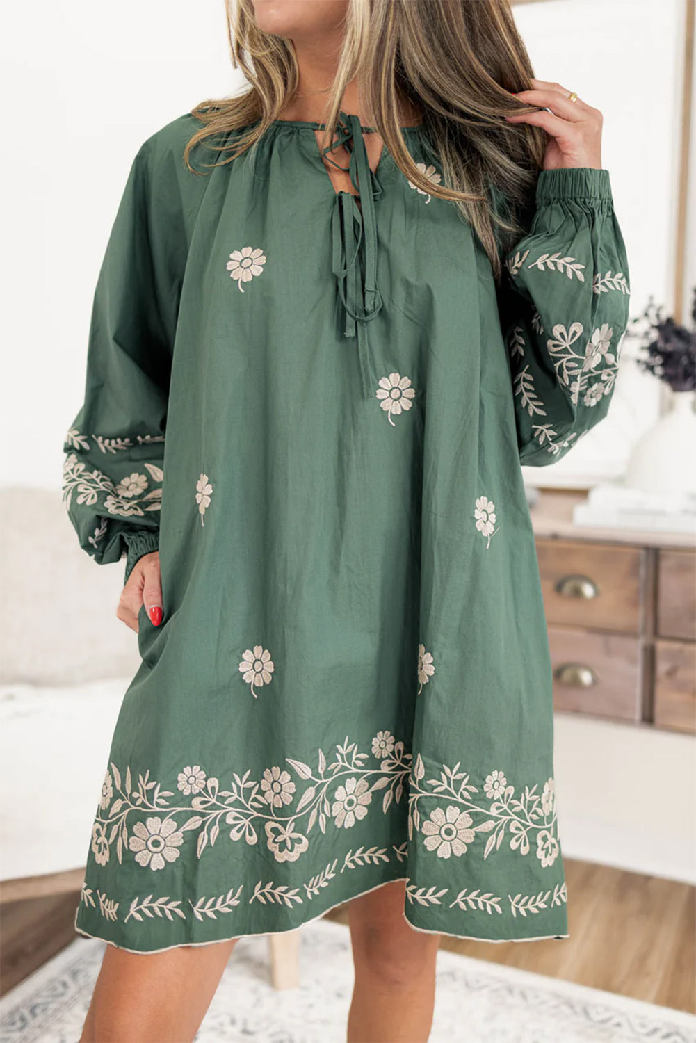 Mist Green Tie Neck Puff Sleeve Shift Dress Boho Floral Pattern