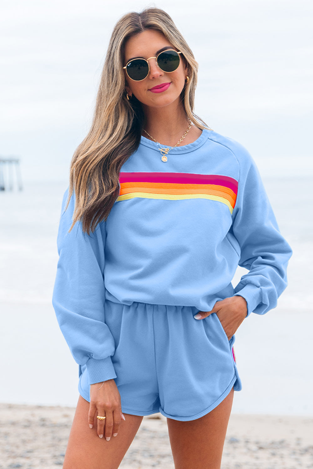 Luxury Striped Accent Pullover and Shorts Two Piece Casual Set