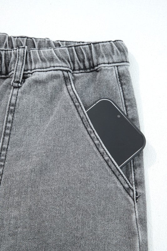 Denim Raw Hem Drawstring Wide Leg Pants