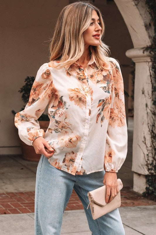 Floral Puff Sleeve Collared Shirt Light and Airy Women's Shirt
