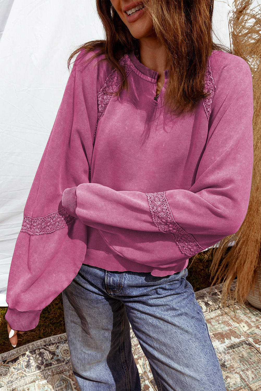 Red Dahlia Lace Patchwork Mineral Wash Baggy Sweatshirt