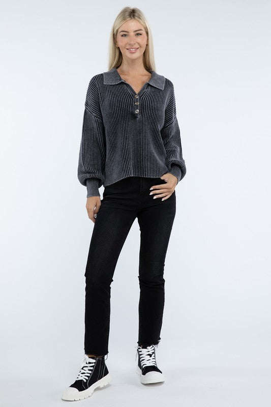 Washed Collared Henley Sweater Low Gauge Heavyweight Sweater