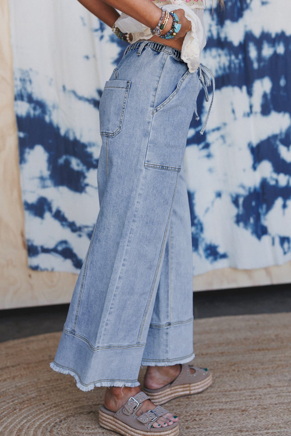 Drawstring Waist Seam Detail Wide Leg Jeans Beau Blue