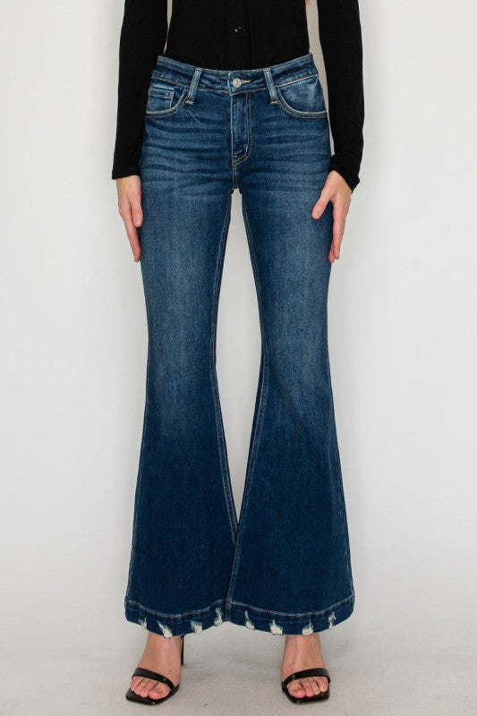 Mid Rise Super Flare Jeans Dark Stone Wash AT1017FLD