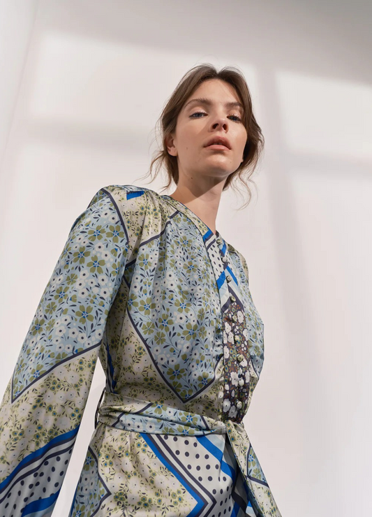 Green Scarf Print Maxi Dress Satin Belted Shirt Dress Alida