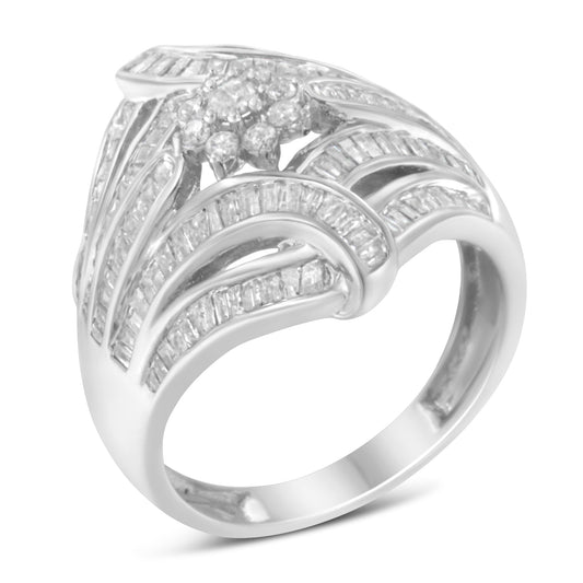 .925 Sterling Silver 1-1/8 Cttw Round & Baguette Diamond 'Flower & Fern' Cluster Cocktail Fashion Ring (I-J Color, I2-I3 Clarity) - Size 7-1/2