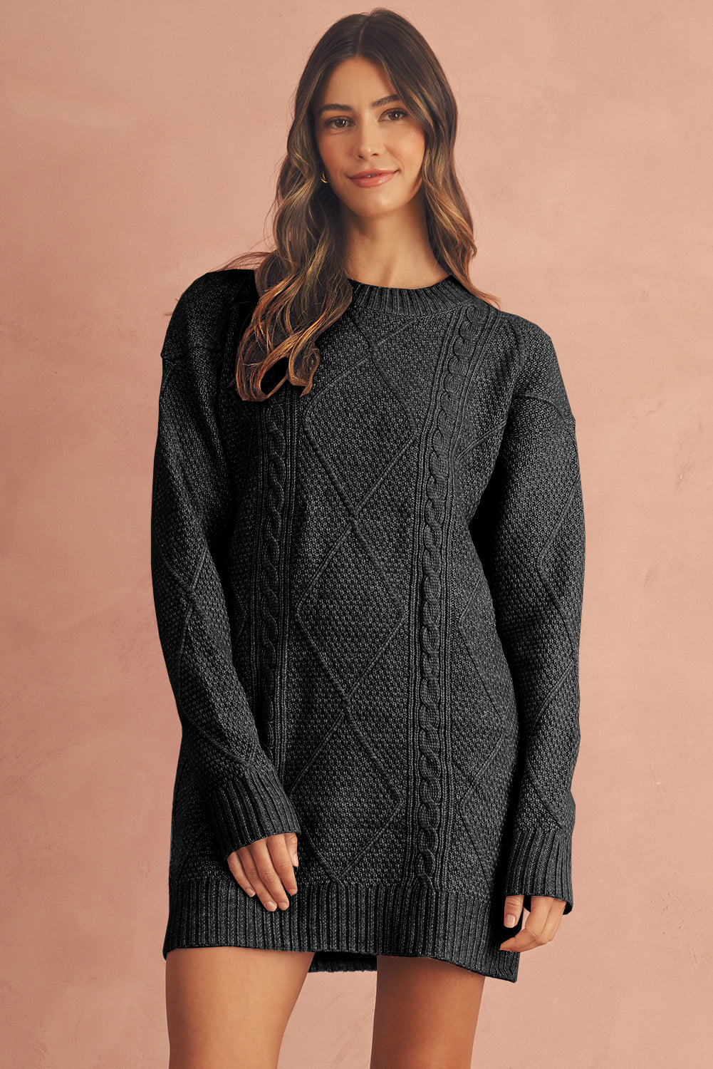 Parchment Twist Cable Knit Loose Fit Sweater Dress