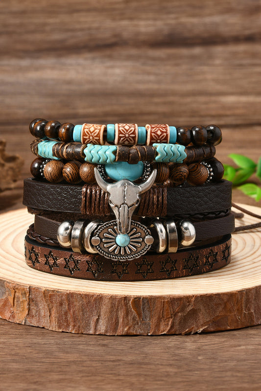 Chestnut Western Bull Skull Turquoise Beading 6 Piece Bracelet Set