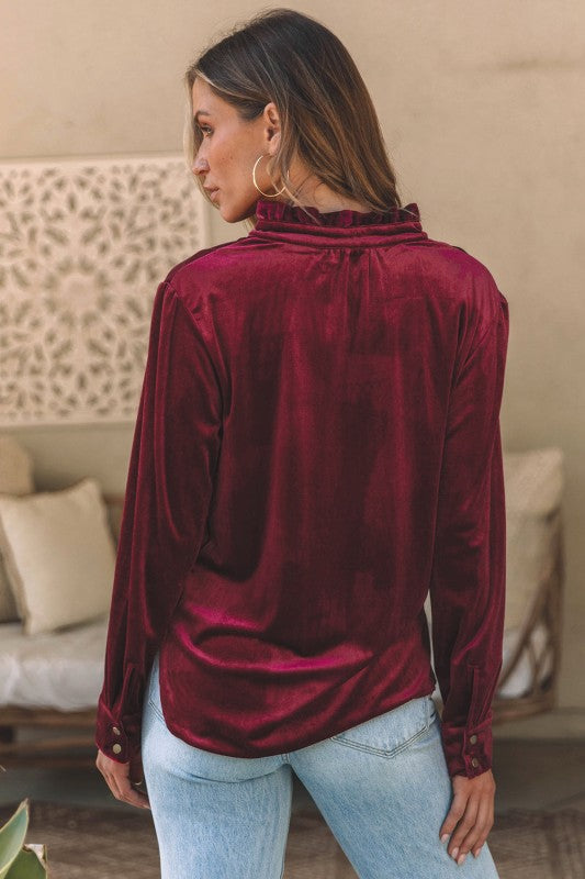 Velvet Frilled Neck Buttoned Top
