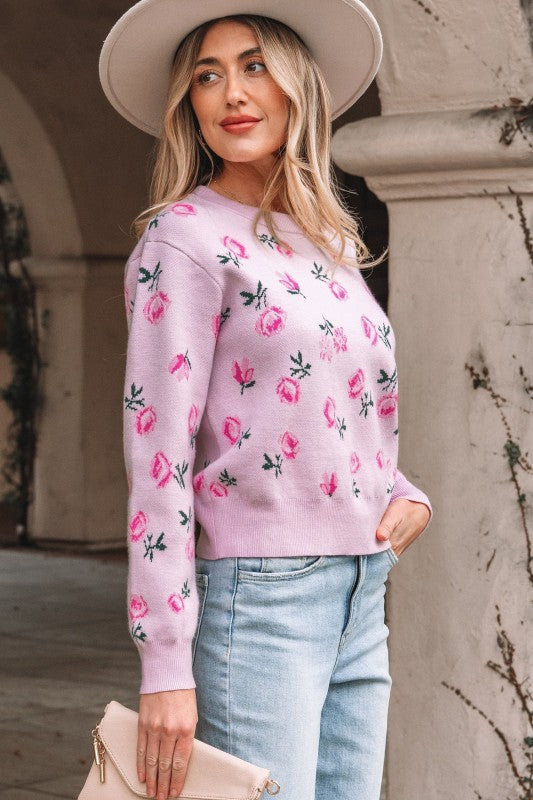 Floral Drop Shoulder Cropped Sweater Relaxed Fit Sweater