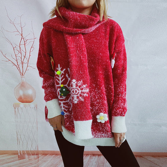 Round Neck Long Sleeve Snowflake Christmas Sweater Women's