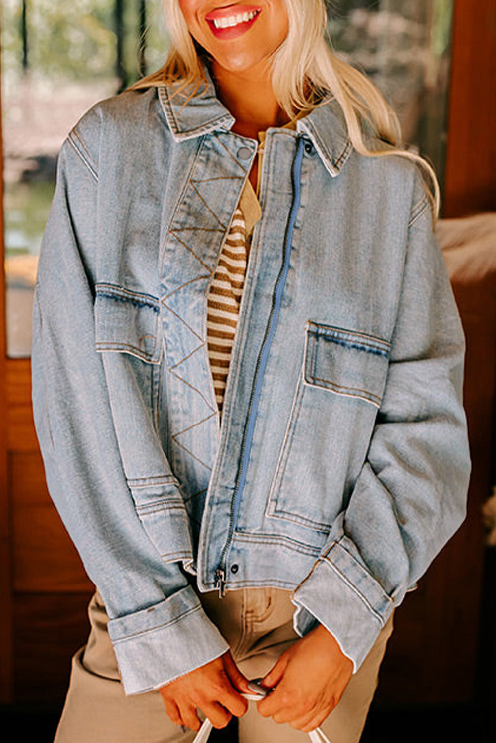 Washed Denim Zip Up Street Style Jacket Beau Blue