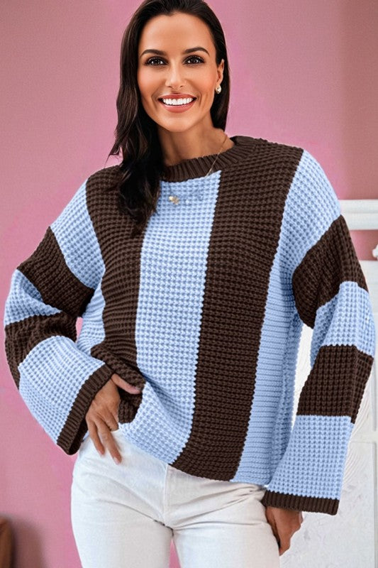 Stripe Colorblock Thermal Textured Knit Sweater