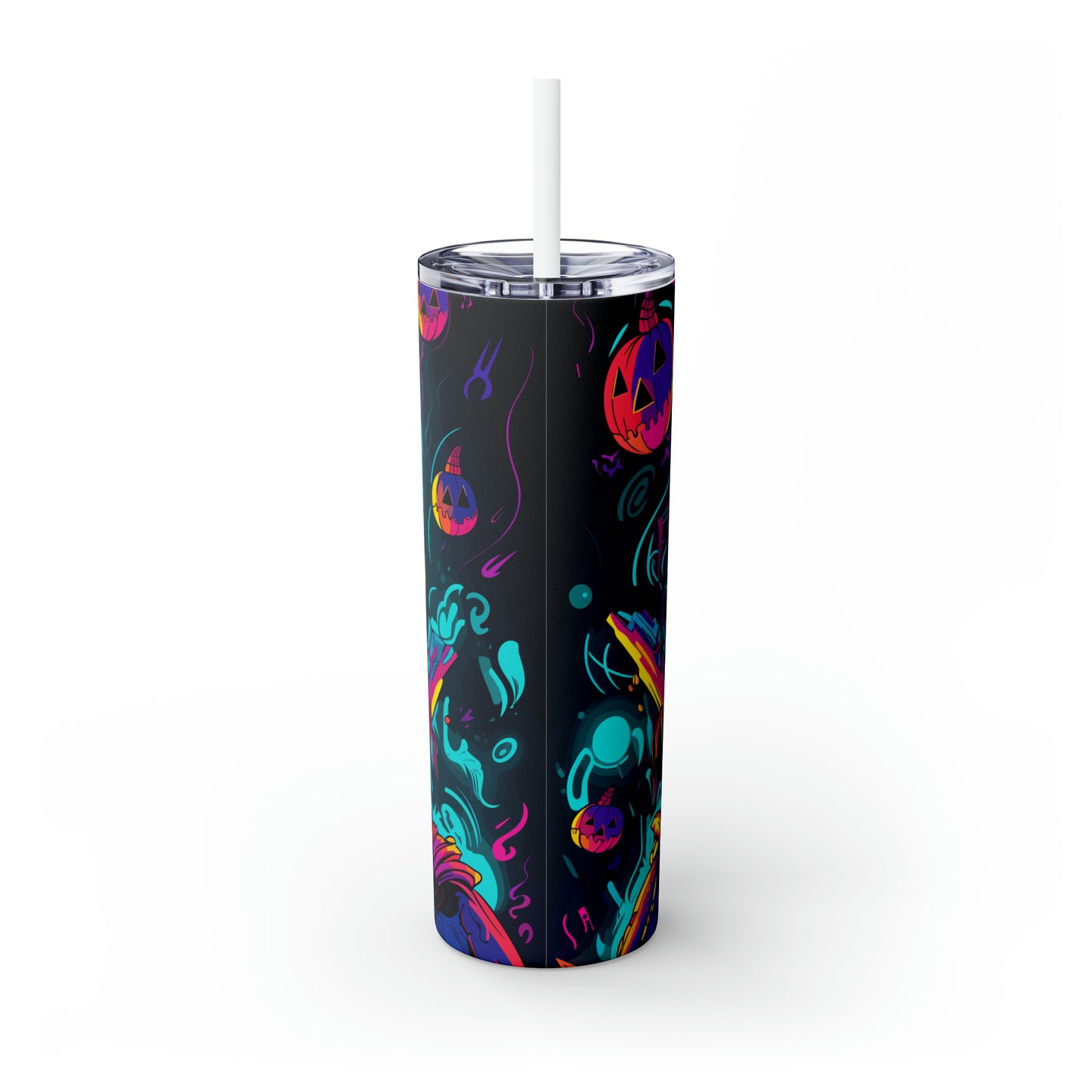 Halloween Skinny Tumbler with Straw 20oz - Spooky Drinkware, Skeleton Theme, BPA-Free, Reusable Cup, Halloween Tumbler, Halloween Gift