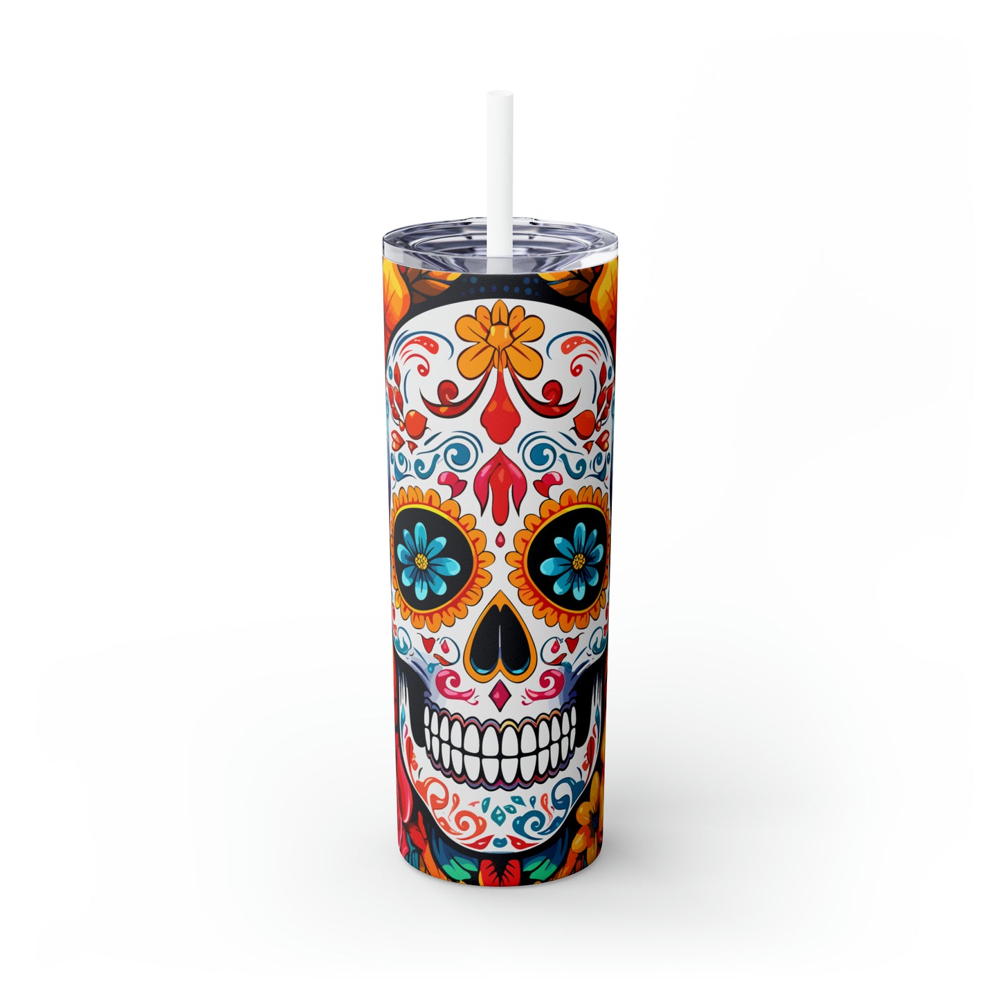 Halloween Skinny Tumbler with Straw 20oz - Spooky Drinkware - Skull Theme - BPA-Free, Reusable Cup, Halloween Tumbler, Halloween Gift