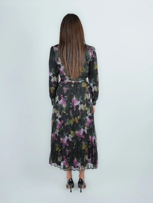Chiffon Multi-Colored Belted Pleated Shirt Dress