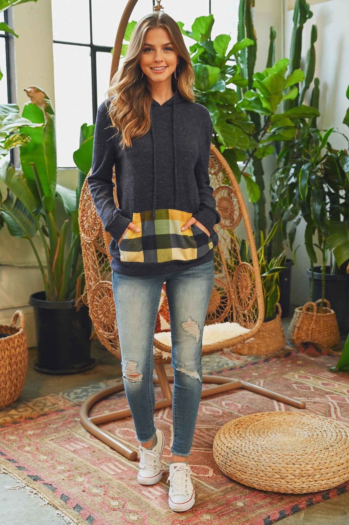Hacci Brushed Plaid Kangaroo Pocket Hoodie Long Sleeve Hoodie Hacci