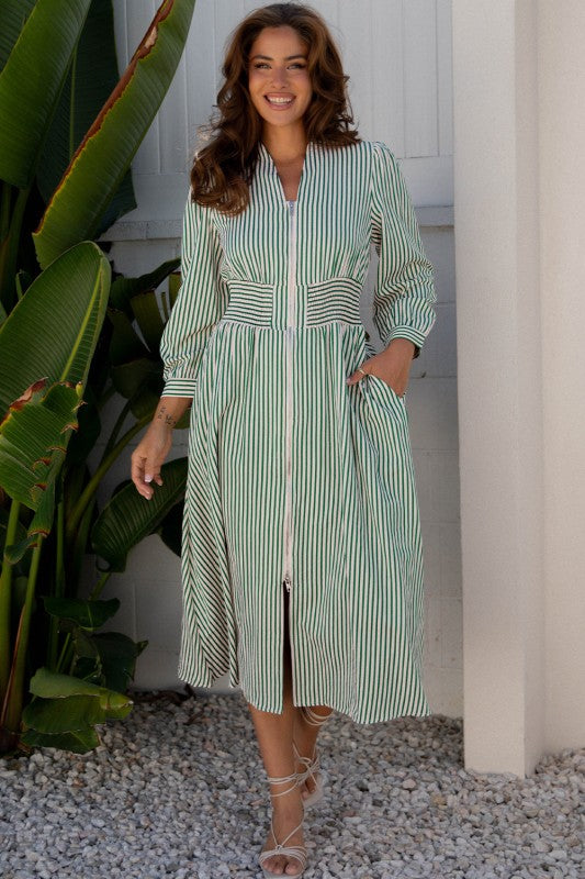 Stripe V-Neck Zip Front Midi Dress