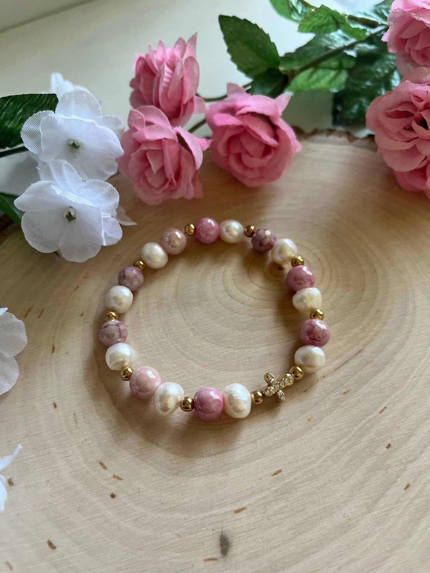 Pink Pearl Bead Gold Cross Bracelet – Christian Jewelry Gift for Her