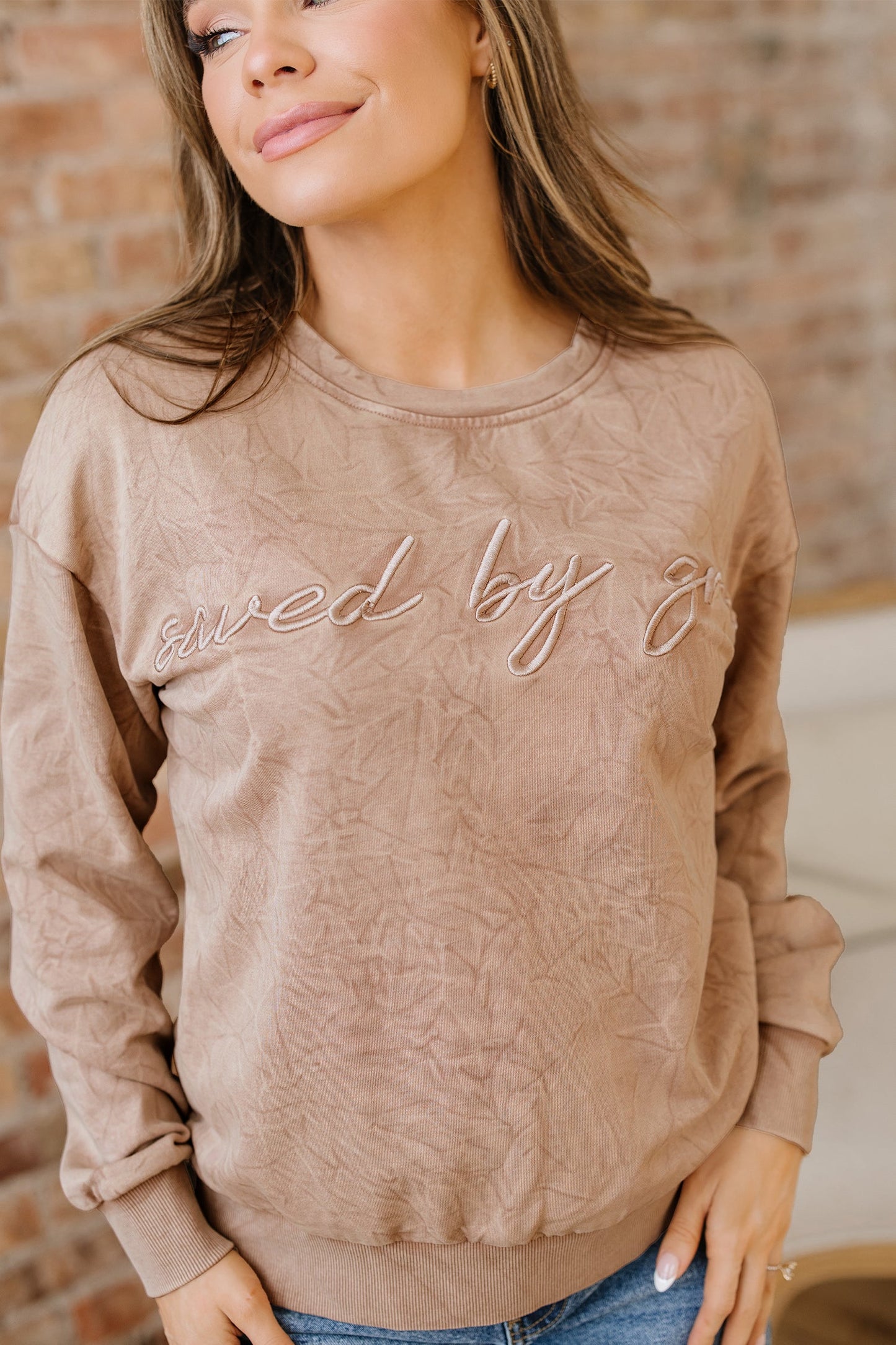 High-rise Mineral Wash Loose Sweatshirt Letter Embroidery