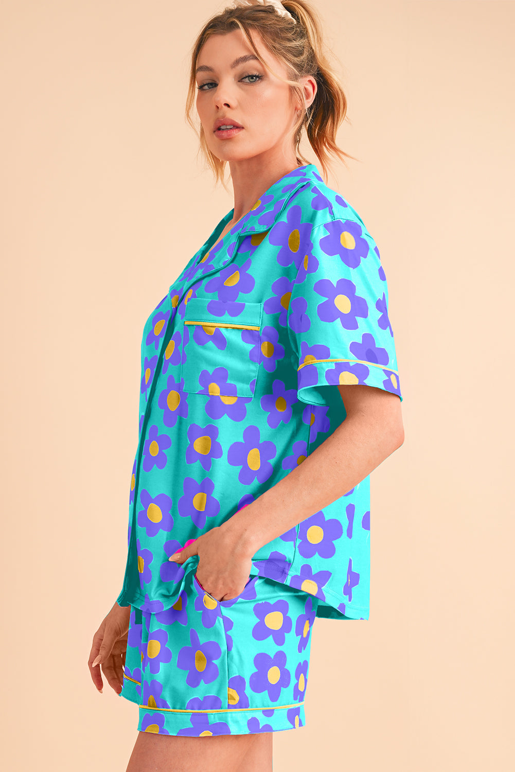 Luxury Flower Print Buttoned Shirt And Drawstring Waist Pajama Set