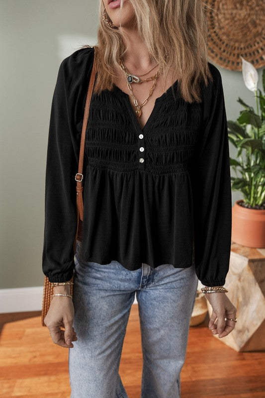 Smocked Split V-Neck Buttoned Blouse Solid