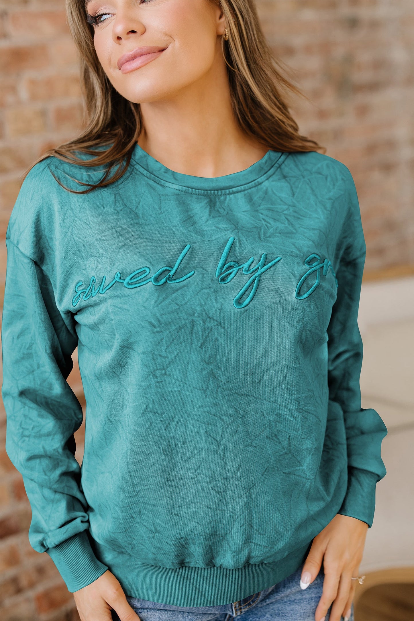 High-rise Mineral Wash Loose Sweatshirt Letter Embroidery