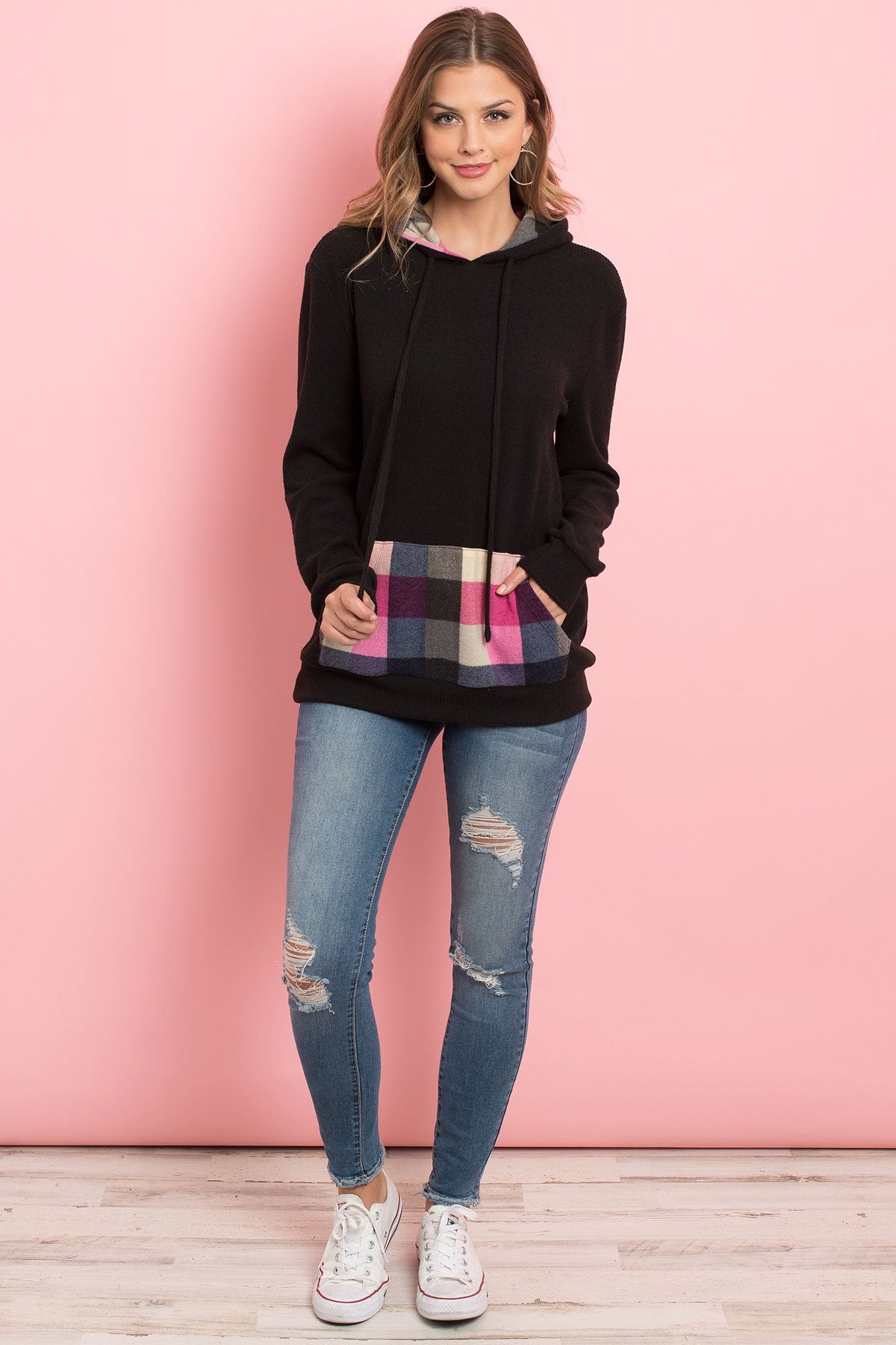 Hacci Brushed Plaid Kangaroo Pocket Hoodie Long Sleeve Hoodie Hacci