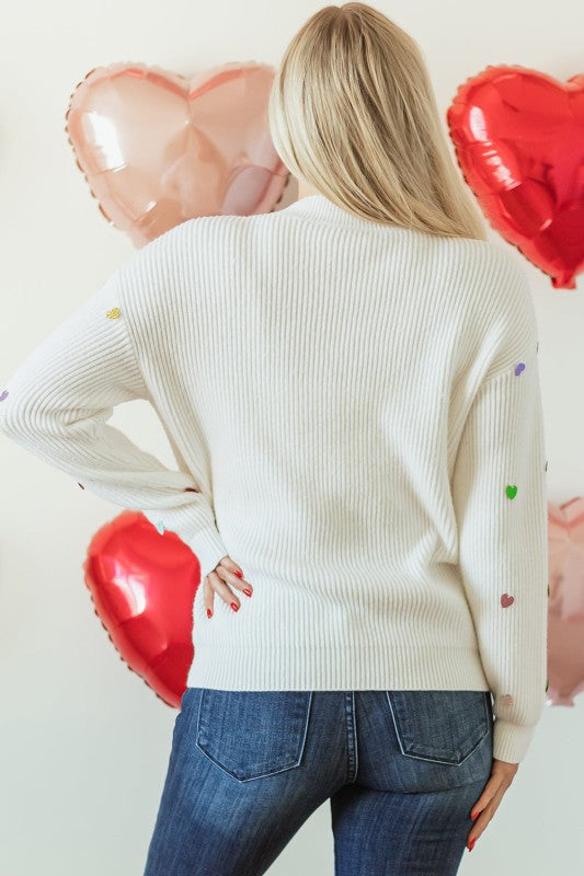 Heart Sequin Waffle Knit Crewneck Sweater