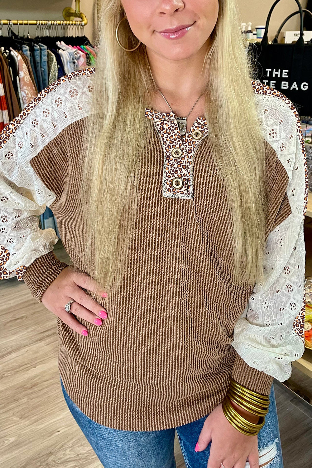 Leopard Patchwork Lace Sleeve Henley Top Medium-High Elasticity Vineyard Green