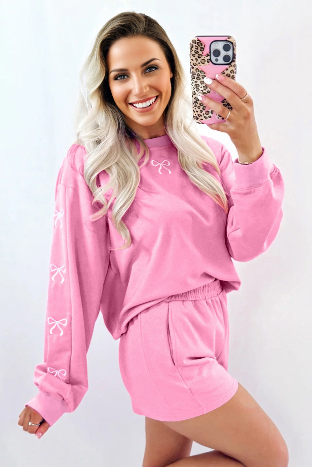 Pink Girly Bow Embroidered Detail Puff Sleeve Pullover 2pcs Short Set Sachet