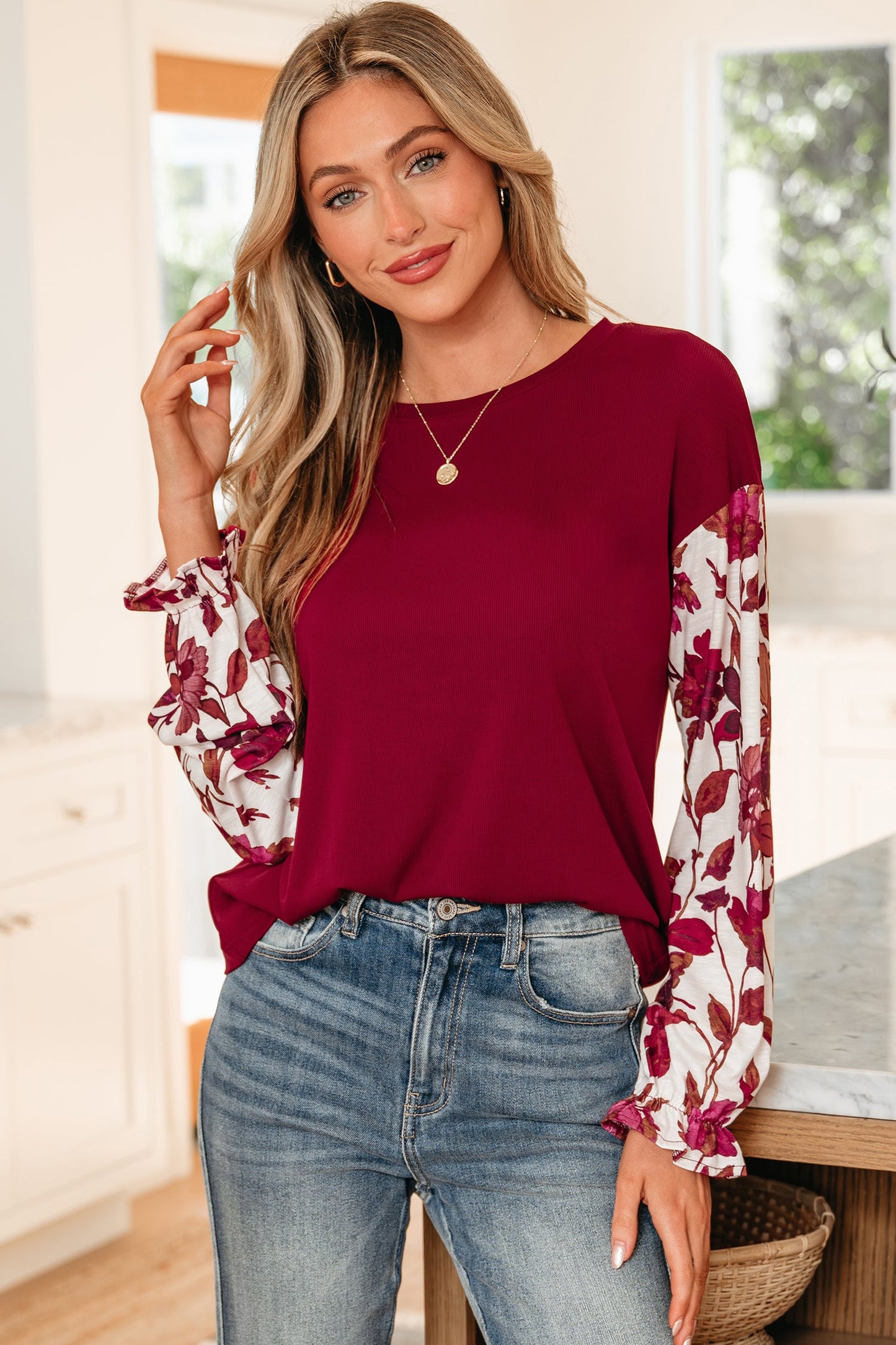 Wild Ginger Contrast Floral Sleeve Ribbed Body Patchwork Long Sleeve Top