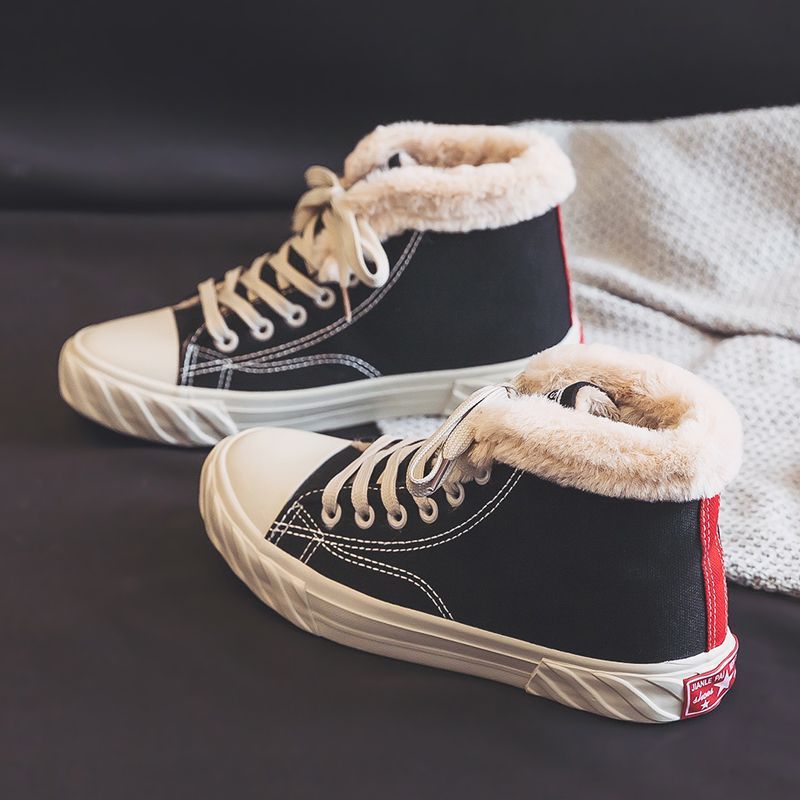 Women’s Warm Velvet High-Top Flat Winter Canvas Shoes
