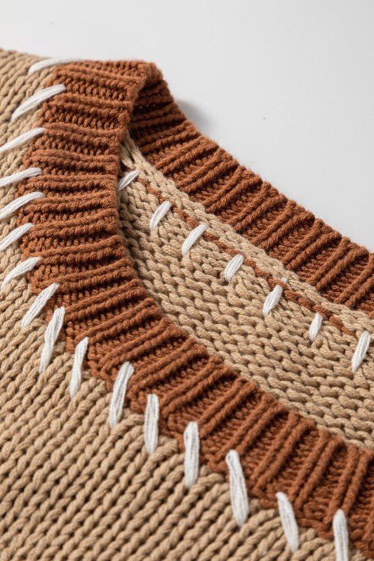 Plus Size Colorblock Knit Contrast Stitch Sweater