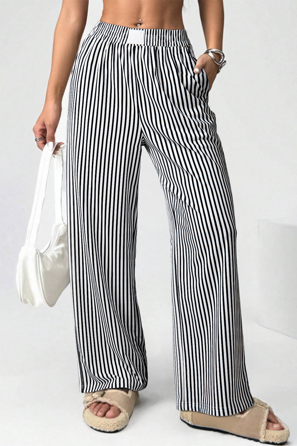 Black Stripe Elastic High Waist Loose Pocketed Pants