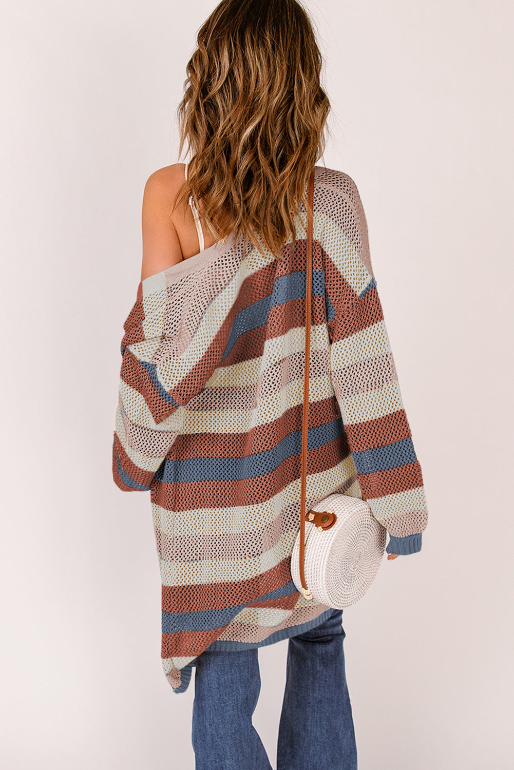 Dark Blue Color Block Cut Out Knit Cardigan