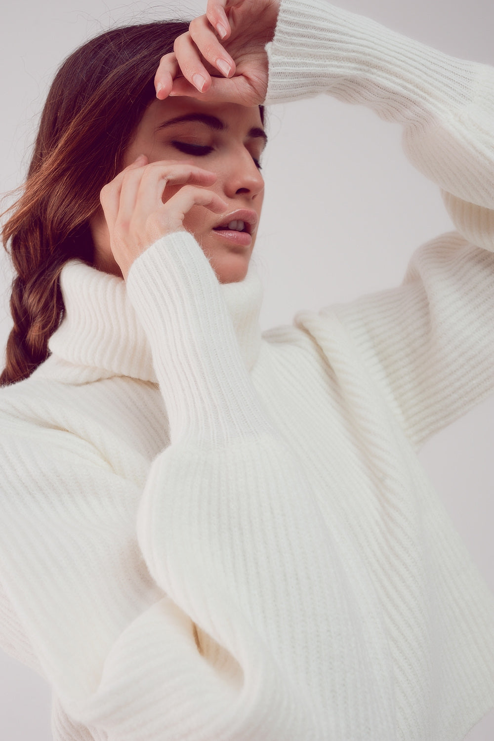 High Neck Cream Balloon Sleeve Jumper Chunky Knit Sweater