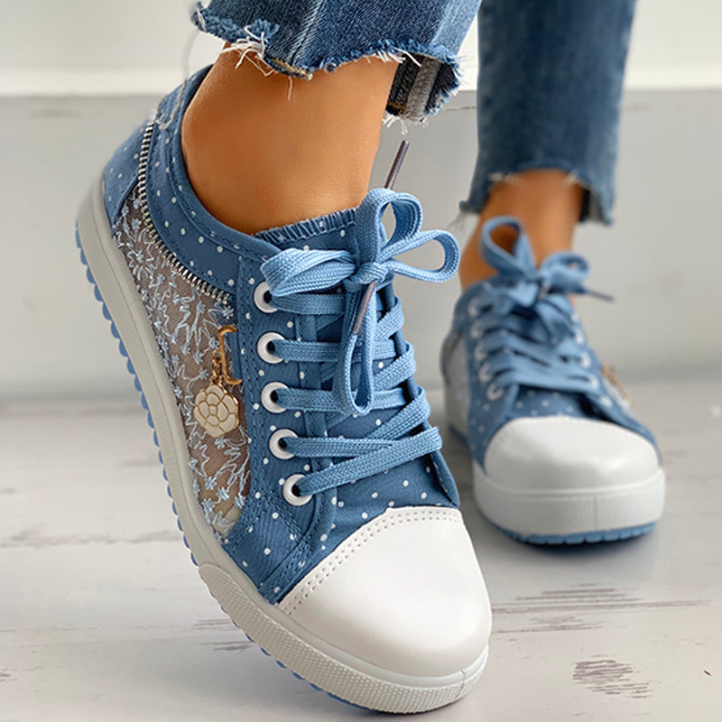 Floral Embroidered Polka Dot Print Sneakers Women's Casual Canvas Shoes