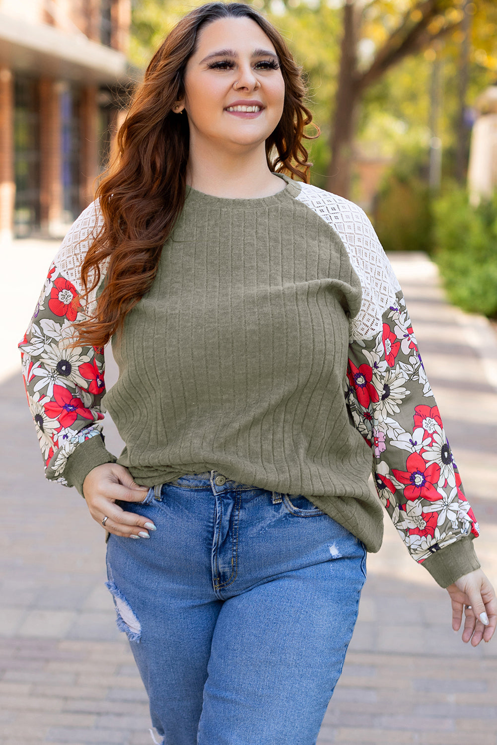 Plus Size Textured Floral Patchwork Raglan Sleeve Top Vineyard Green