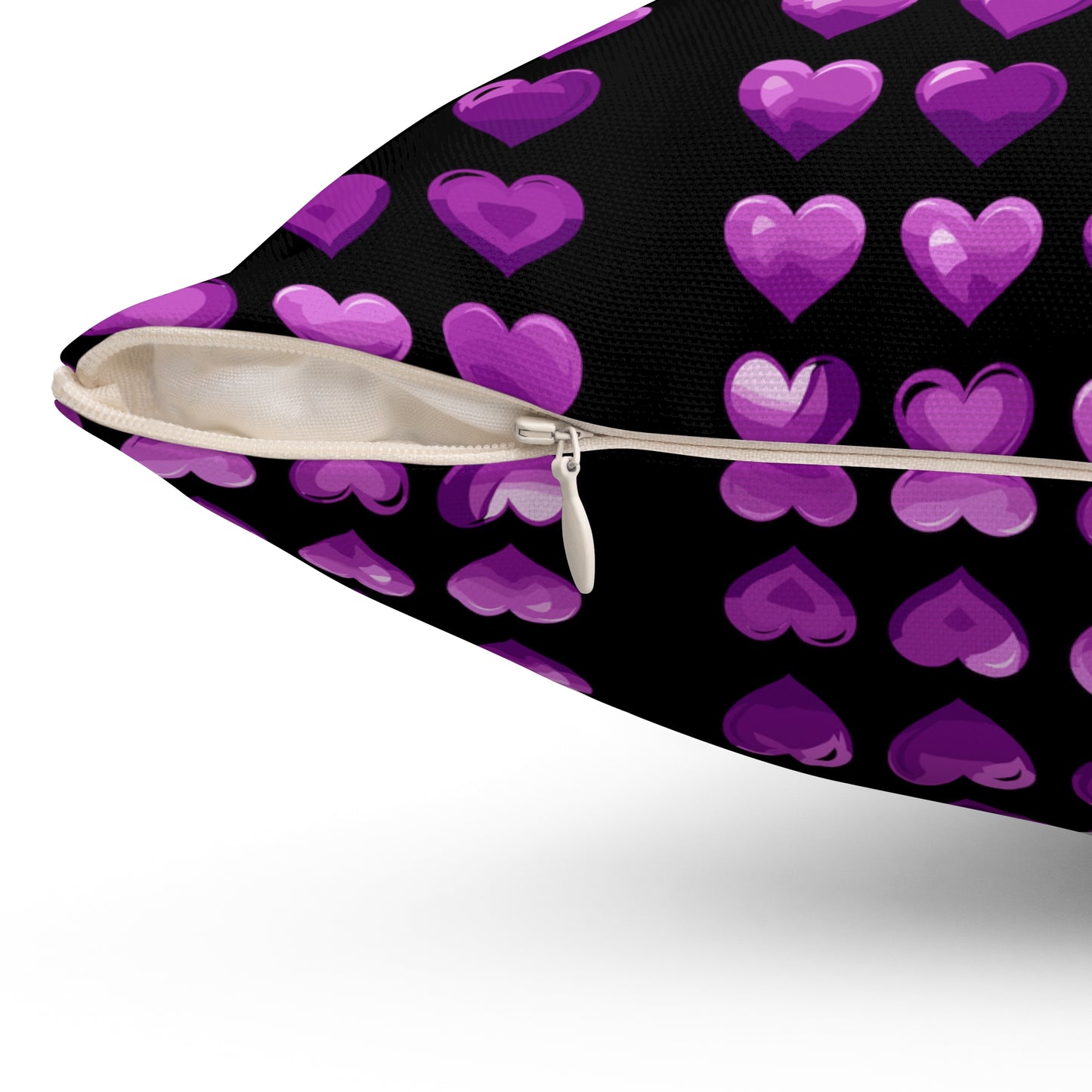 Valentine's day best home decor purple hearts design on black Spun Polyester Square Pillow