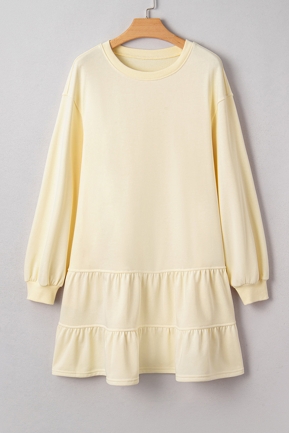 Beige Double Tiered Ruffle Hem Long Sleeve Mini Dress