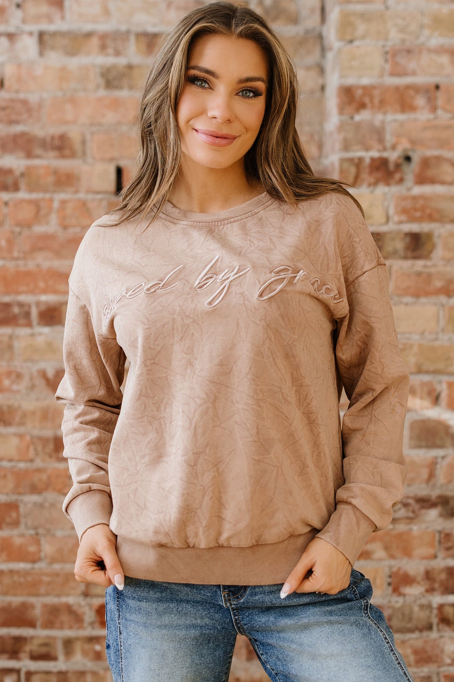 High-rise Mineral Wash Loose Sweatshirt Letter Embroidery