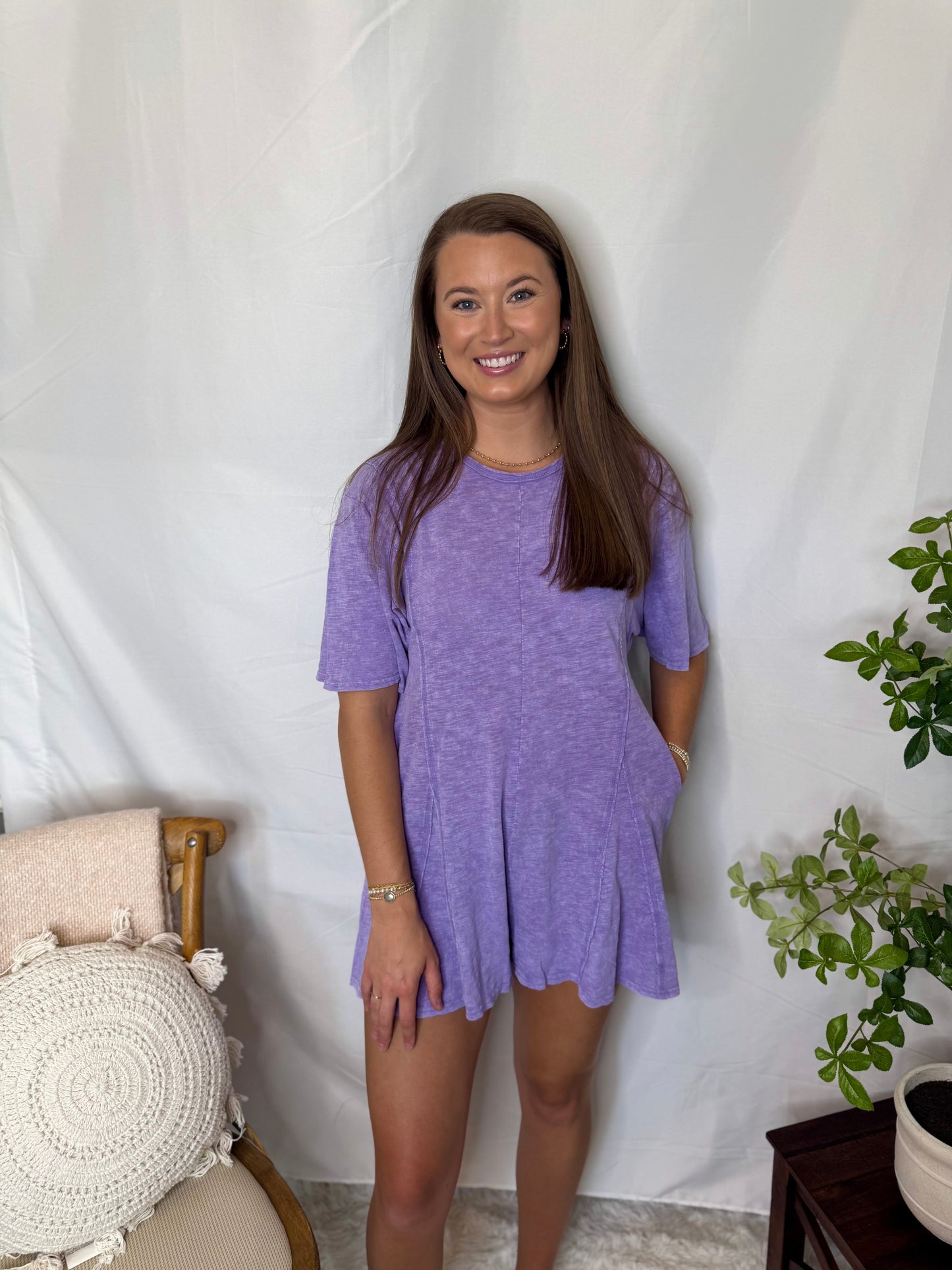 Mineral Washed Oversized Knit Comfy Romper Lavender
