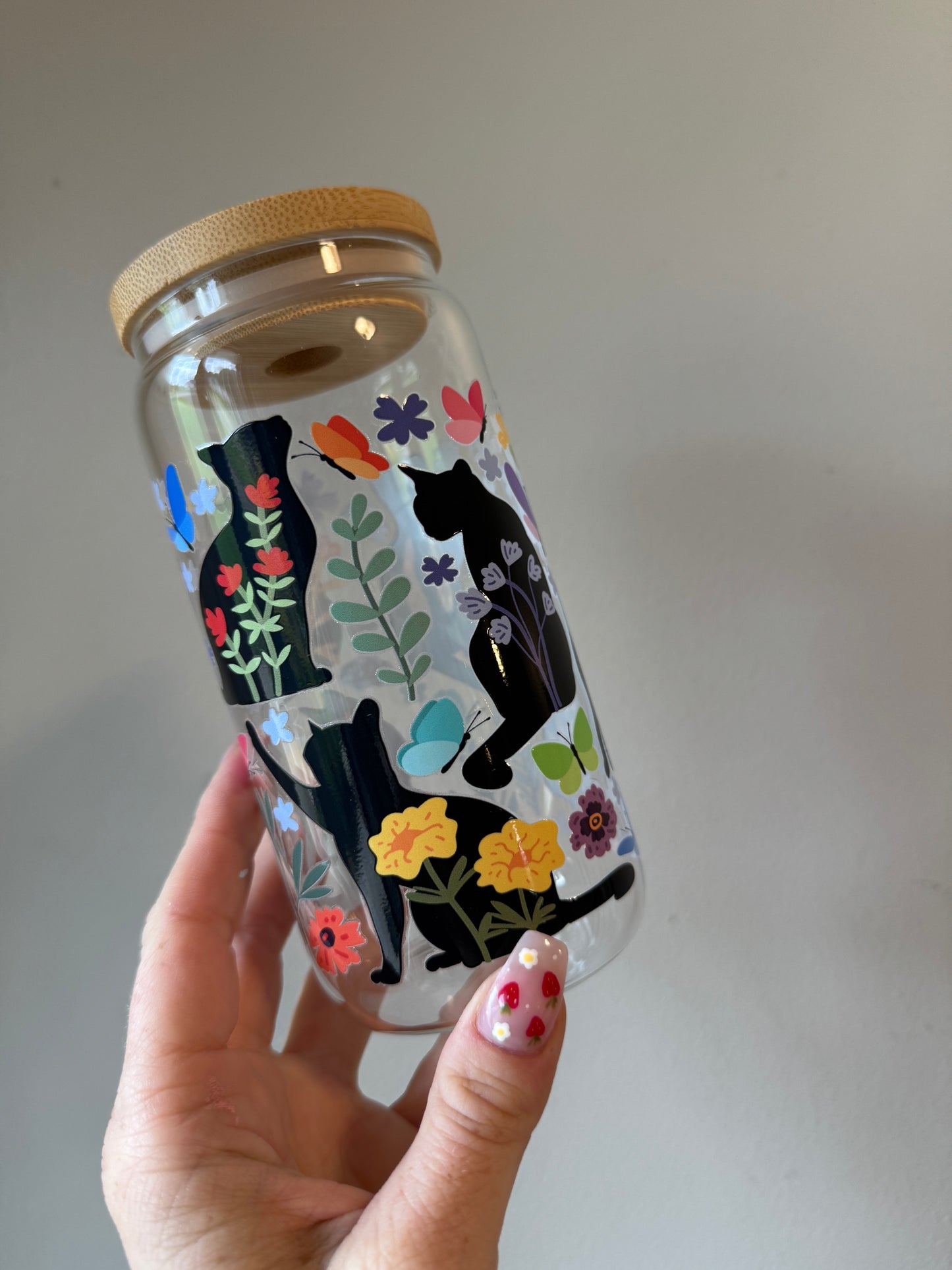 Cat Floral 16oz Glass and 17oz Plastic Mug Sawdust and Cedar