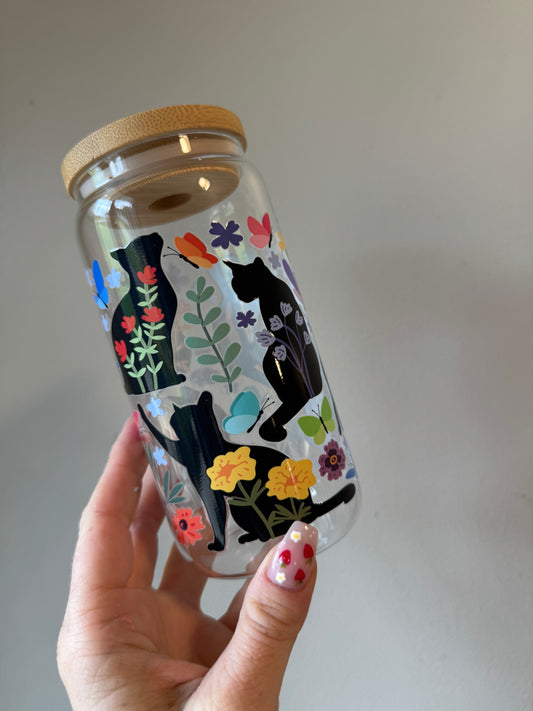 Cat Floral 16oz Glass and 17oz Plastic Mug Sawdust and Cedar