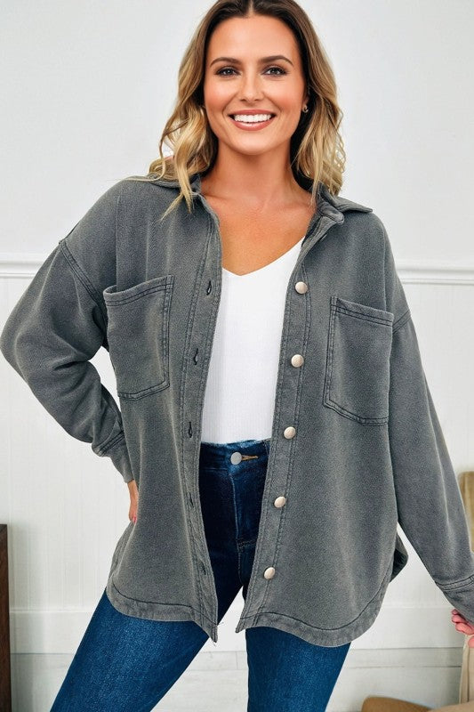 Mineral Wash Drop Shoulder Chest Pocket Shacket