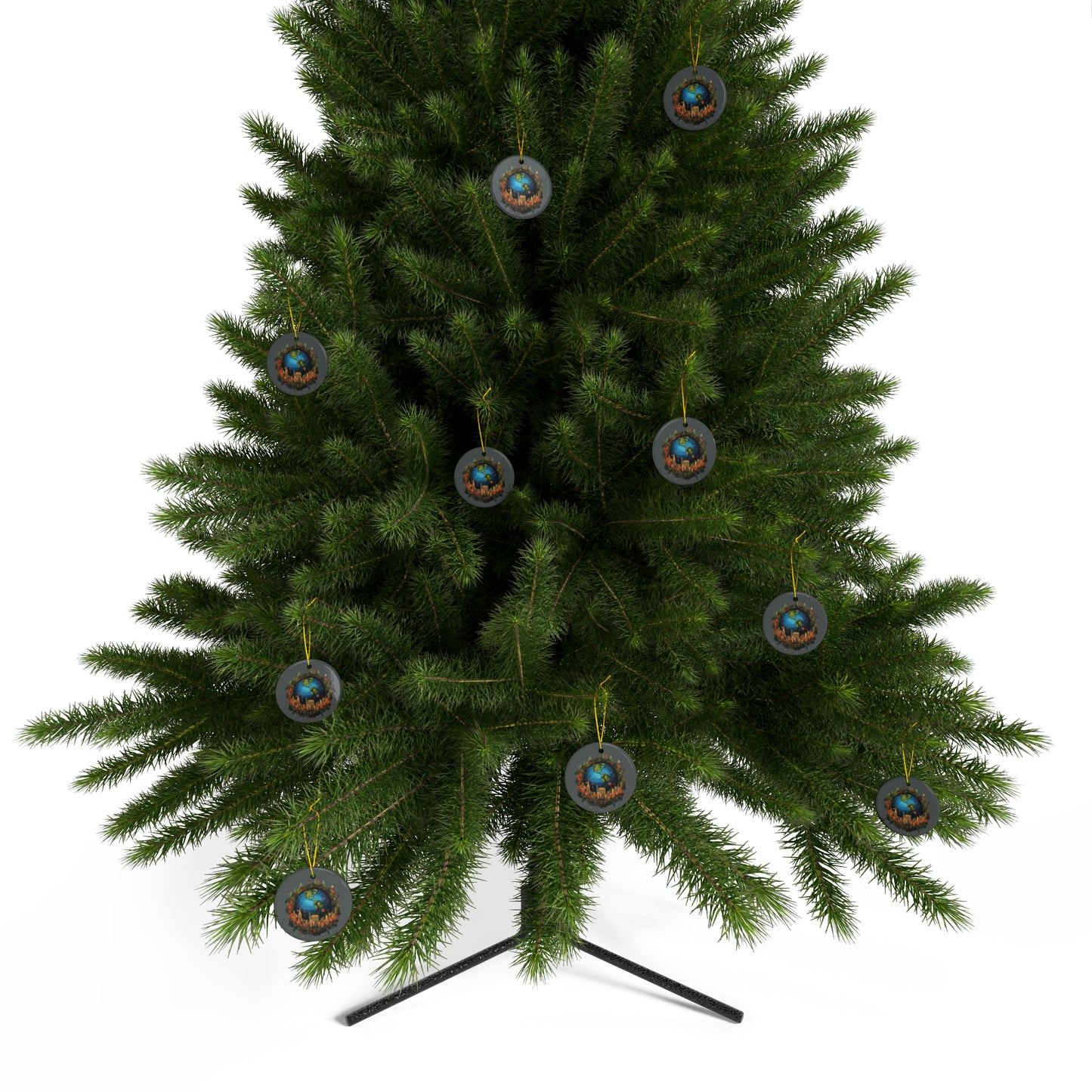 Earth in Christmas decorations and a big Christmas tree, dark grey Ceramic Ornaments (1pc, 3pcs, 5pcs, 10pcs)