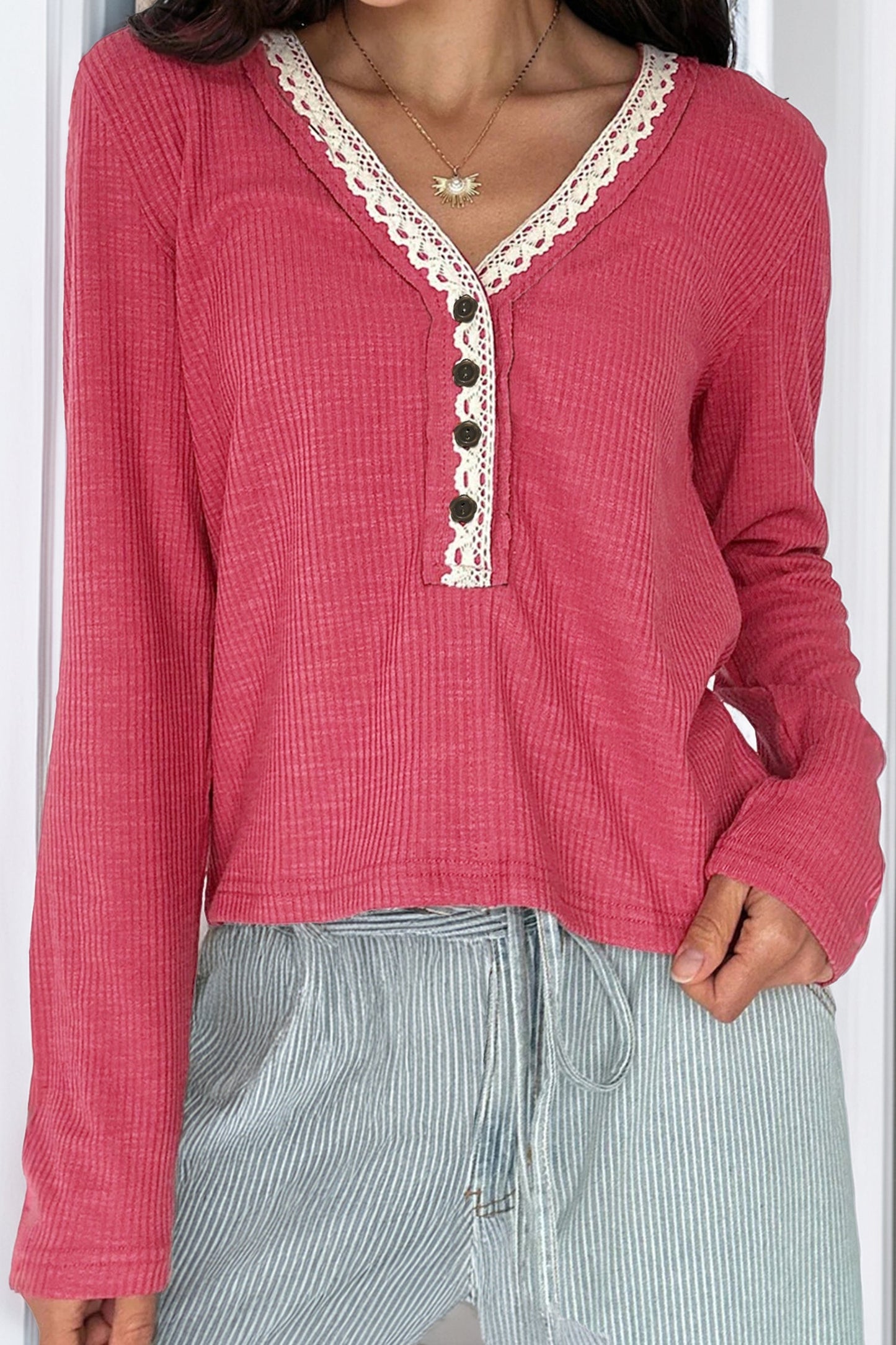 Racing Red Ribbed Texture Contrast Lace Trim Long Sleeve Top